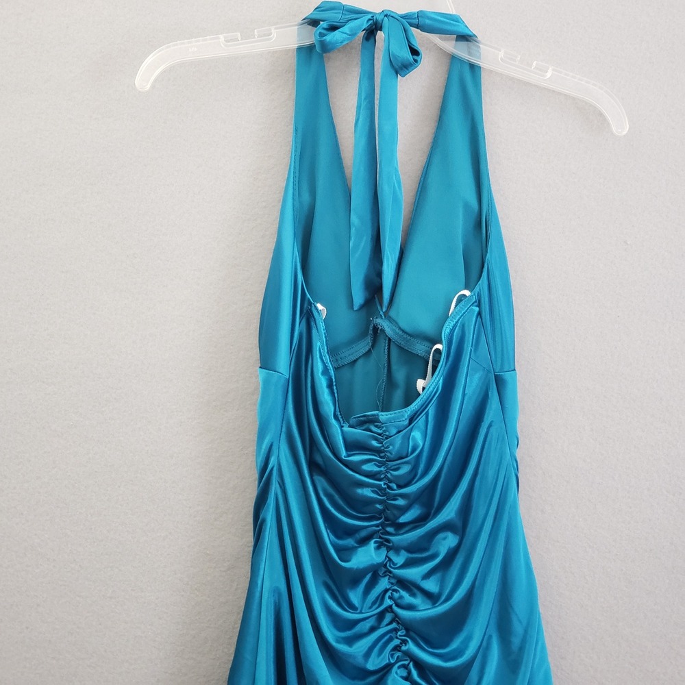 Vtg Jodi Kristopher Teal Blue Satin Halter Dress M Ruched Pleated Y2K Prom READ - Picture 11 of 15